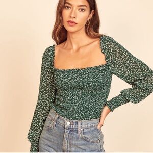 Reformation Pinto Floral Long Sleeve Square Neck Smocked Blouse Size Small